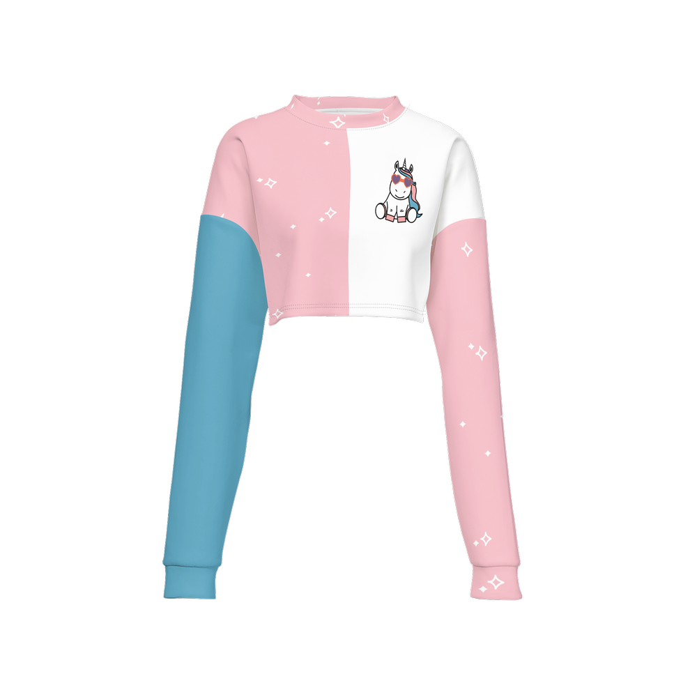 Kawaii Unicorn Pink and Purple Women's Cropped Crewneck Sweatshirt-Techno Scuba Knit