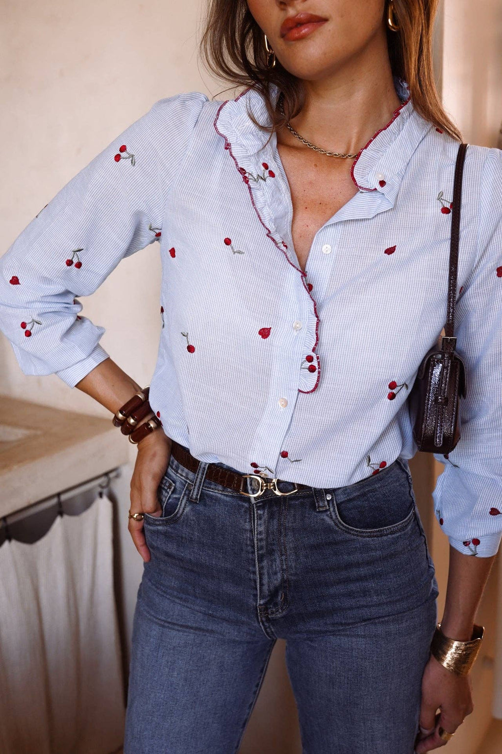 Kalyne Cherry Embroidered Blouse | Blue Striped Ruffle Shirt