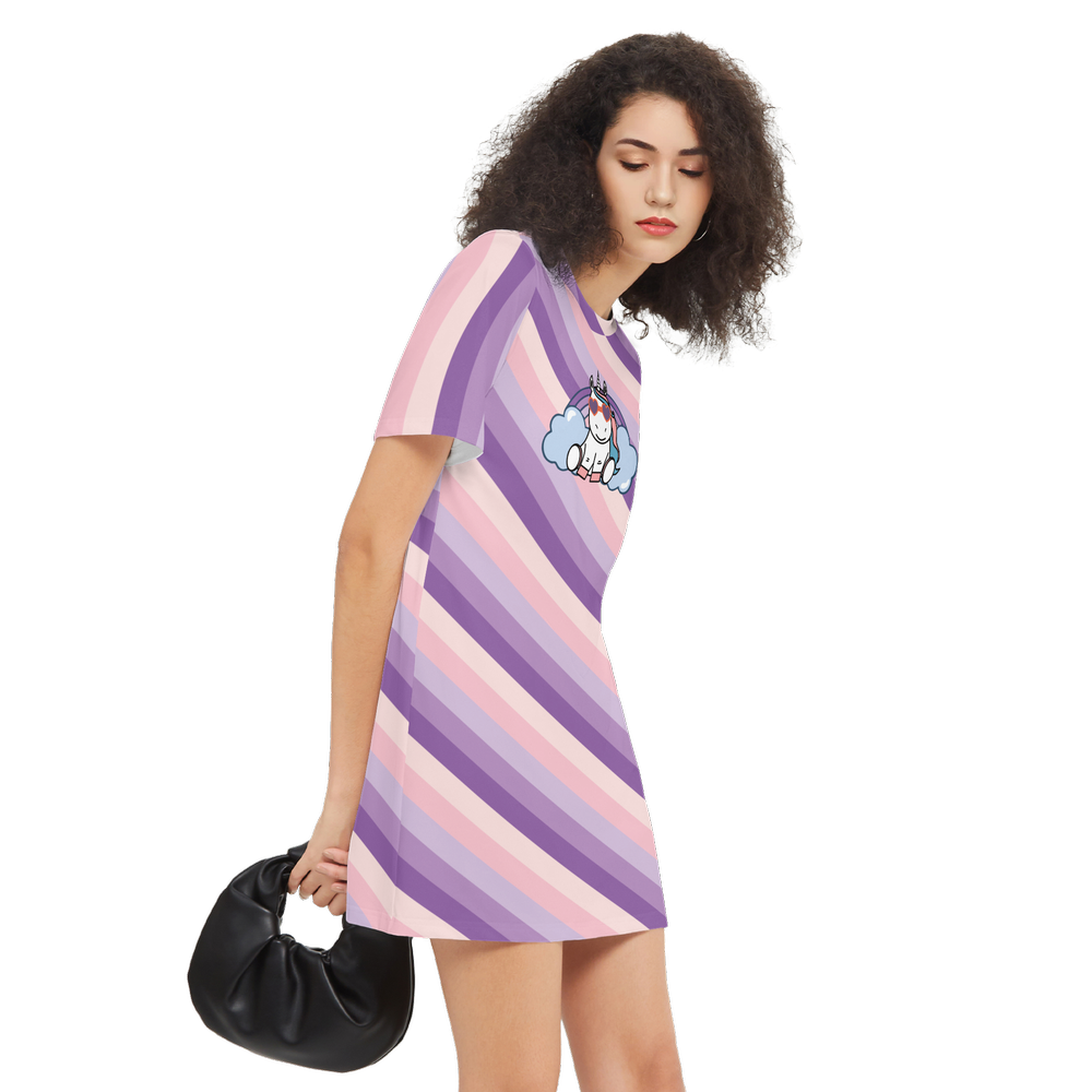 Kawaii Unicorn & Rainbow Women's Short-Sleeve T-Shirt Dress - Premium Heavyweight Fabric