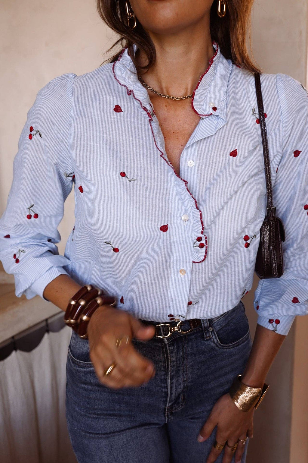 Kalyne Cherry Embroidered Blouse | Blue Striped Ruffle Shirt