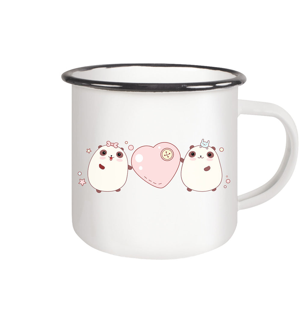 Kawaii Cute Pandas with pink heart - Enamel Mug (Black)