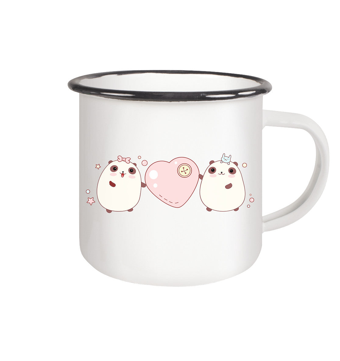 Kawaii Cute Pandas with pink heart - Enamel Mug (Black)