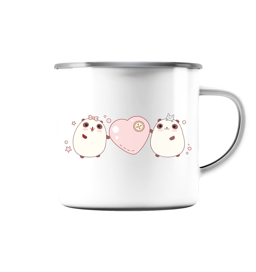 Kawaii Cute Pandas with pink heart - Enamel Mug (Silver)