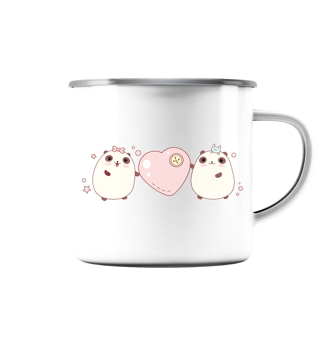 Kawaii Cute Pandas with pink heart - Enamel Mug (Silver)