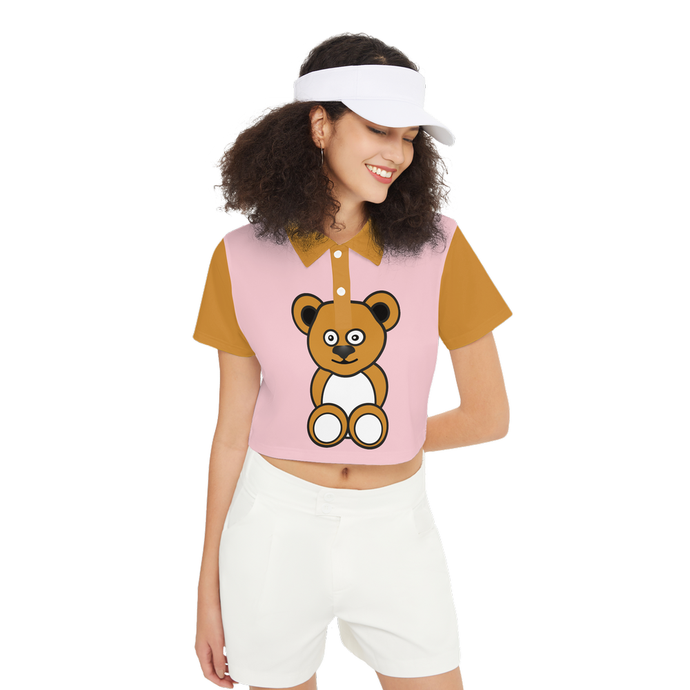Cute Ochre Bear Short-Sleeve Crop Polo Shirt-Heavyweight 225g