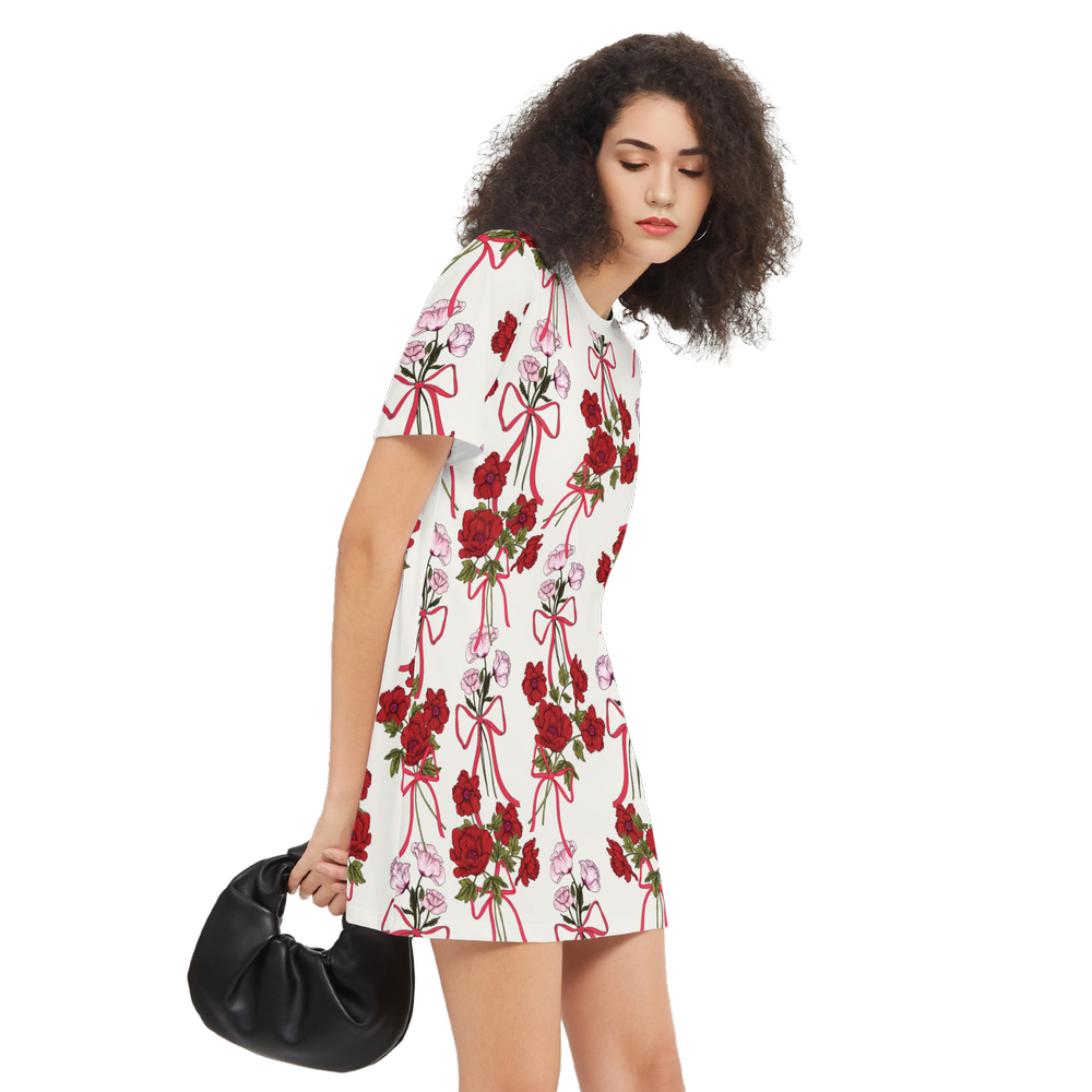 Roses and Ribbons Women's Short-Sleeve T-Shirt Dress-Heavyweight 225g