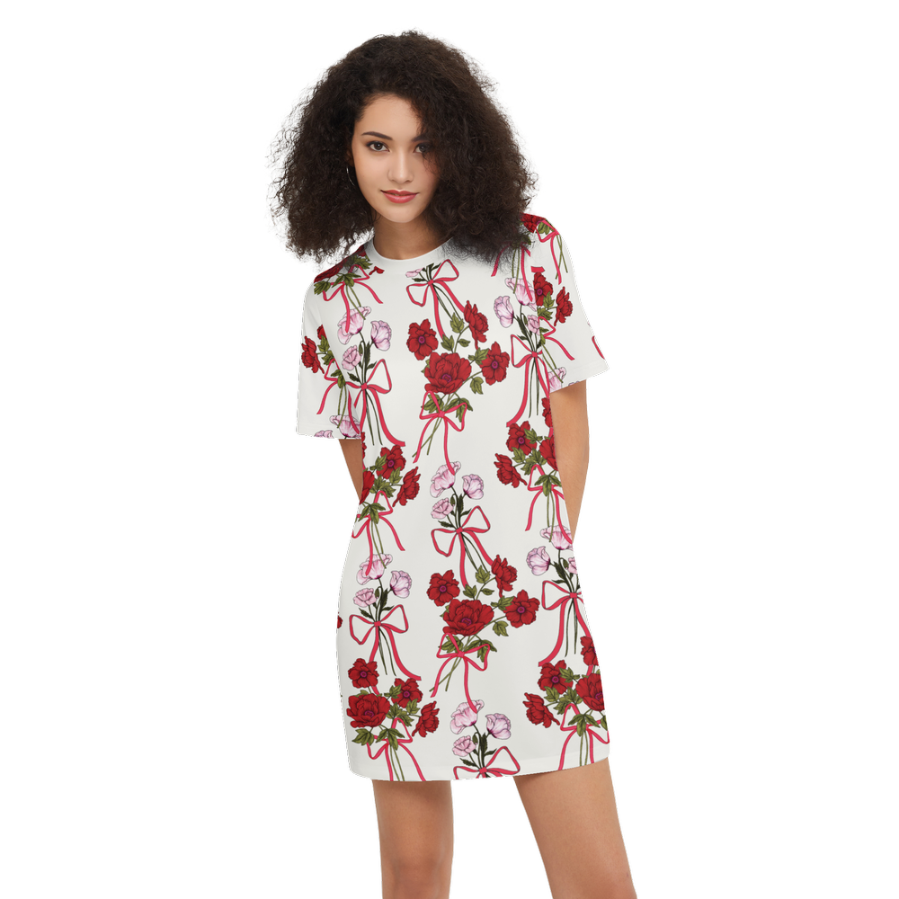 Roses and Ribbons Women's Short-Sleeve T-Shirt Dress-Heavyweight 225g