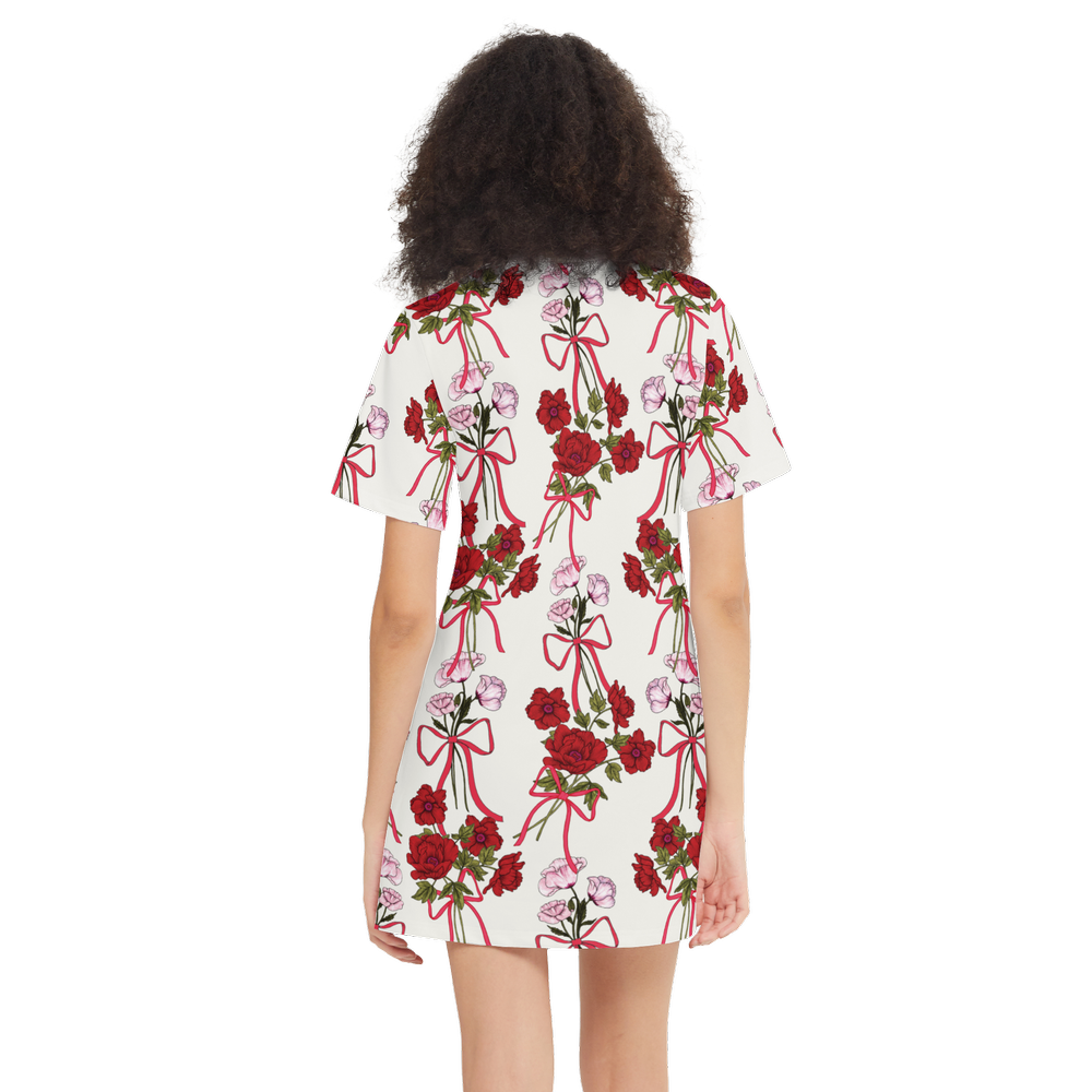Roses and Ribbons Women's Short-Sleeve T-Shirt Dress-Heavyweight 225g