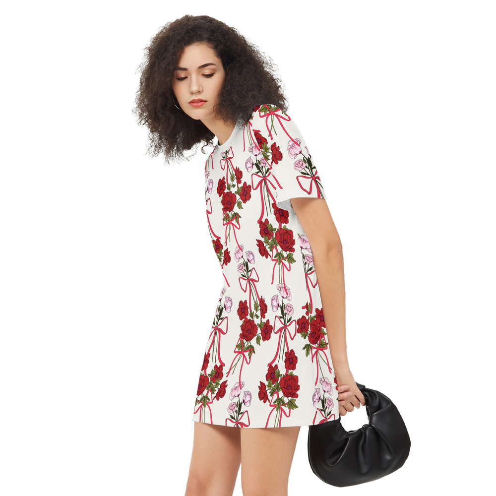 Roses and Ribbons Women's Short-Sleeve T-Shirt Dress-Heavyweight 225g
