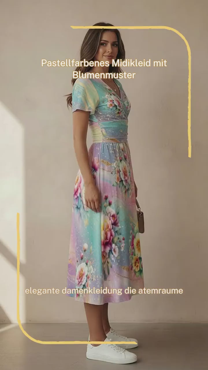 Pastel Floral Midi Dress – Elegant V-Neck Fit & Flare Dress
