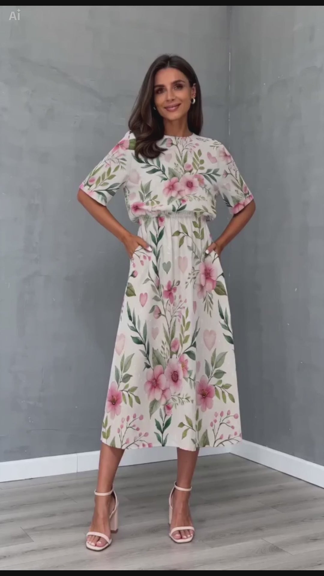 Floral Midi Dress – Pink Flower Elastic Waist Dress