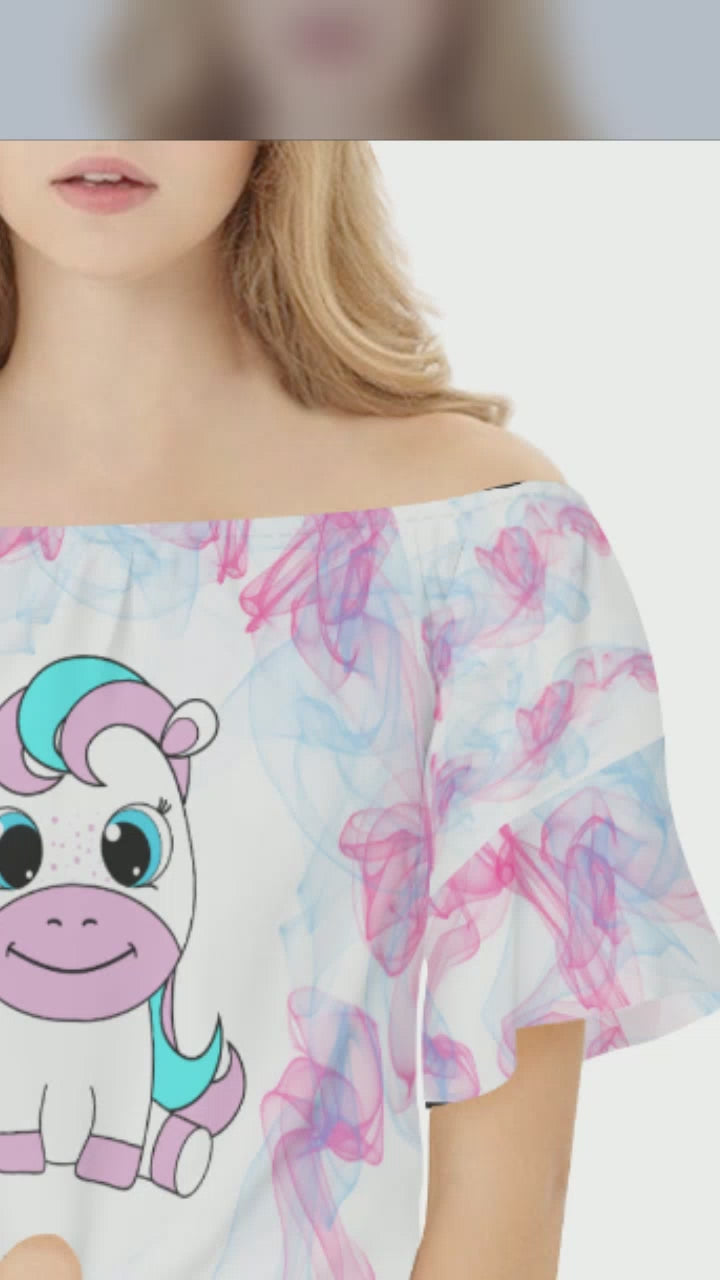 Kawaii Pony Women's One-Shoulder T-Shirt with Bow Tie Sleeves – Cute & Stylish