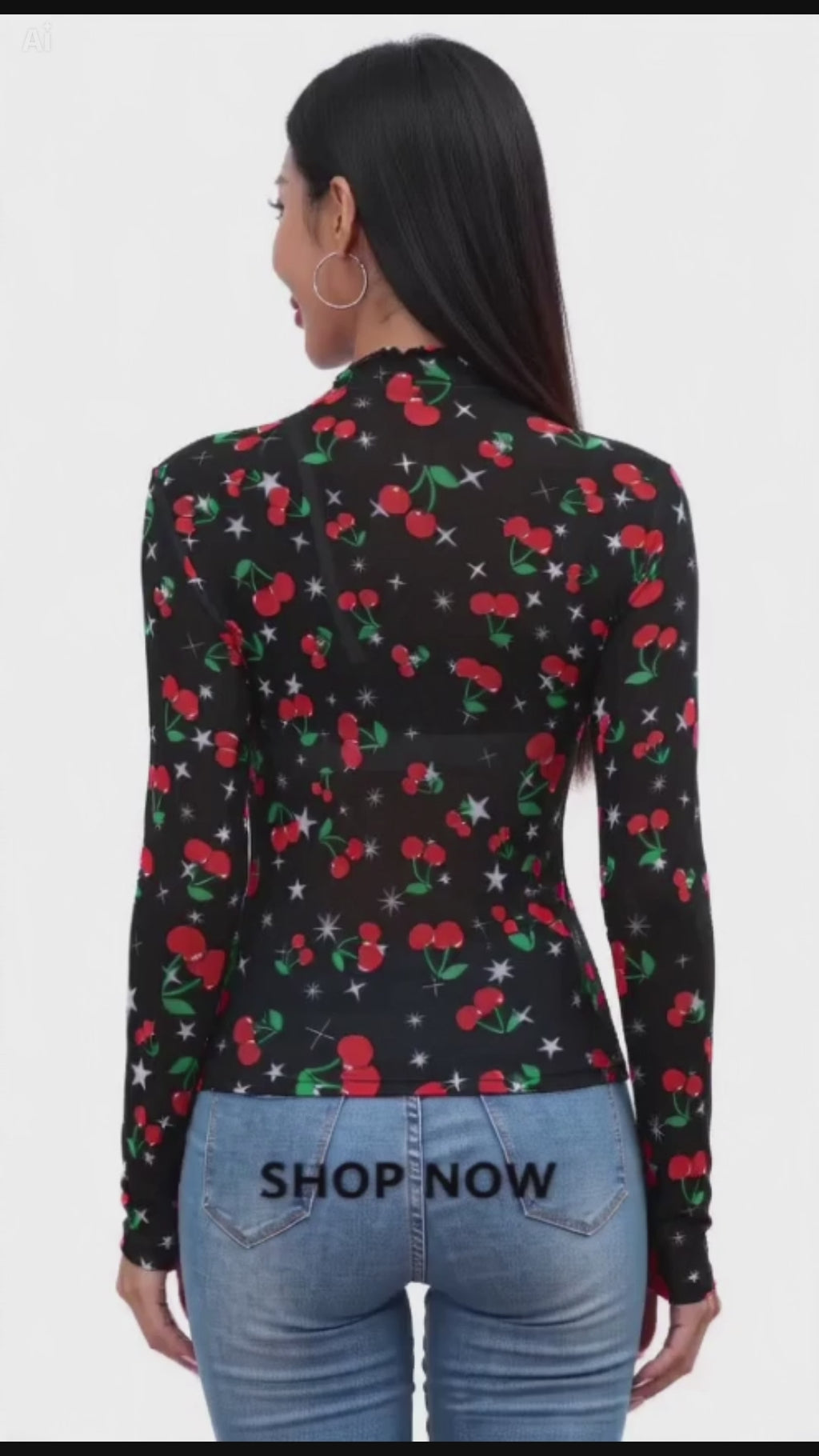 Cherry Print Mesh Top – Black Long Sleeve Slim Fit Shirt