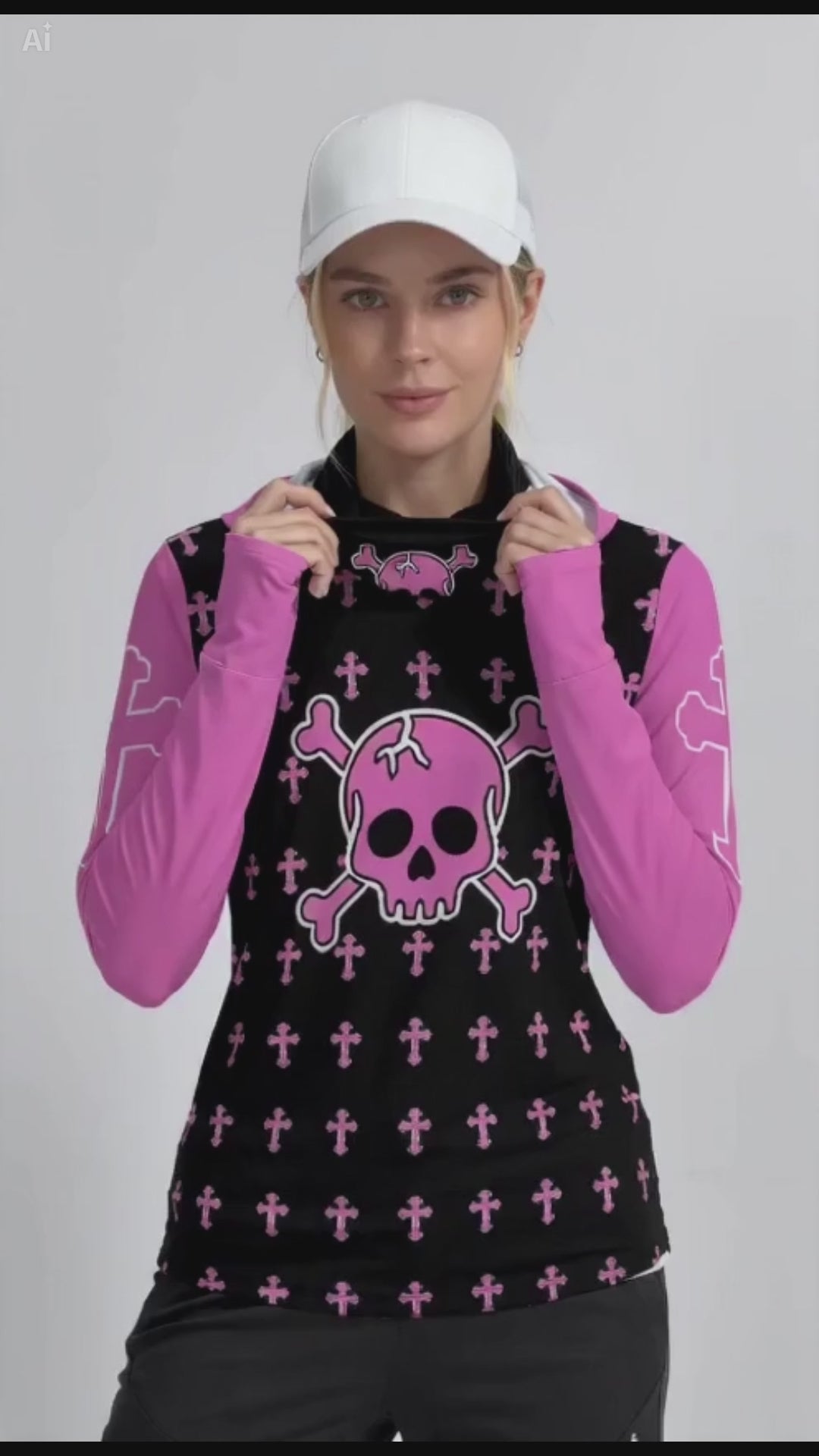 Pink Skull Hooded Top with Face Cover – Goth Long Sleeve Shirt