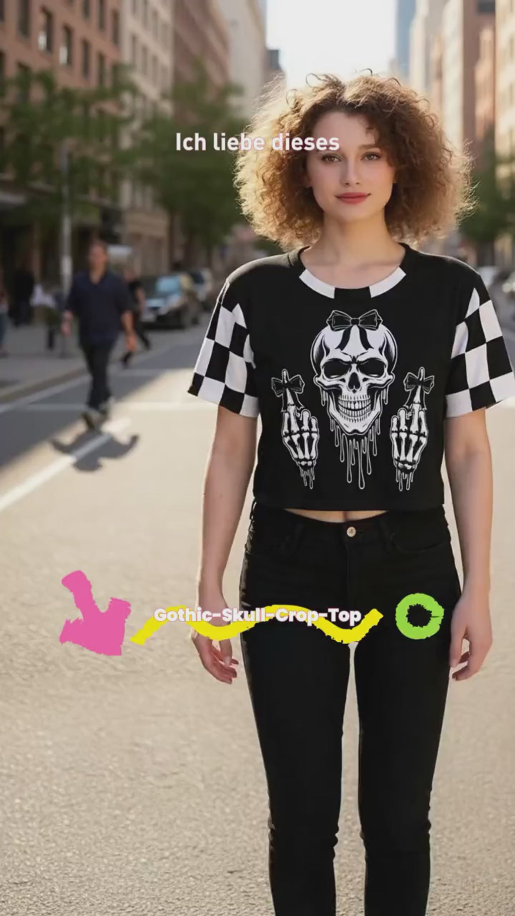 Gothic Skull Crop Top – Black & White Checkered Alt Graphic Tee