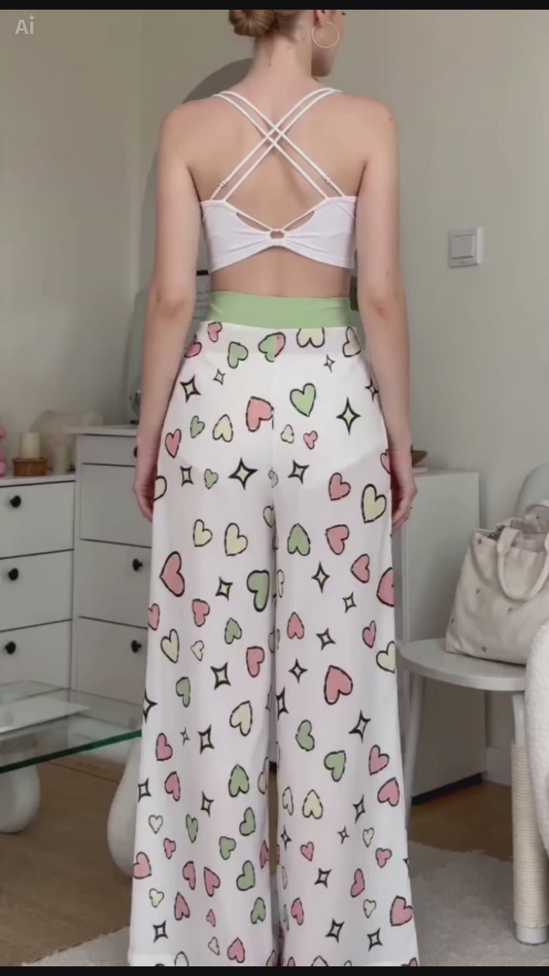 Cute Bunny Wide Leg Pants – Kawaii Heart High Waist Trousers