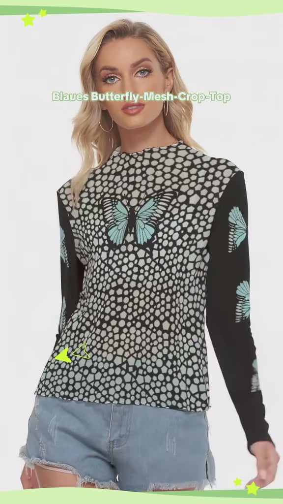 Blue Butterfly Mesh Crop Top | Sheer Long Sleeve Shirt