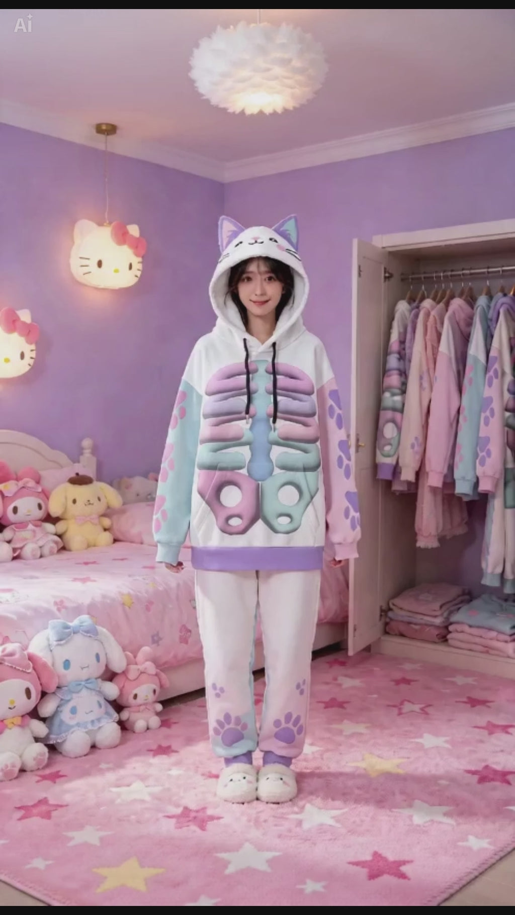 Kawaii Heaven Women's Cat Ear Hoodie with Pastel Skeleton Print
