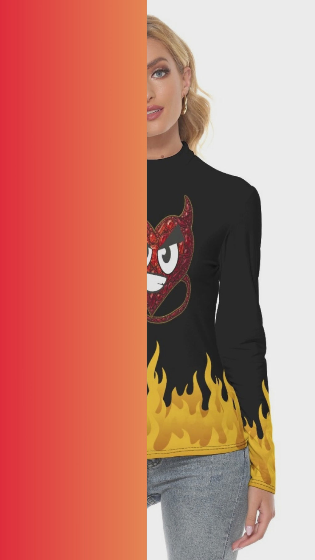 Devil Heart Flame Long Sleeve Top – Slim Fit Turtleneck