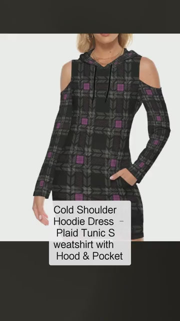 Cold Shoulder Hoodie Dress – Plaid Tunic Sweatshirt with Hood & Pocket