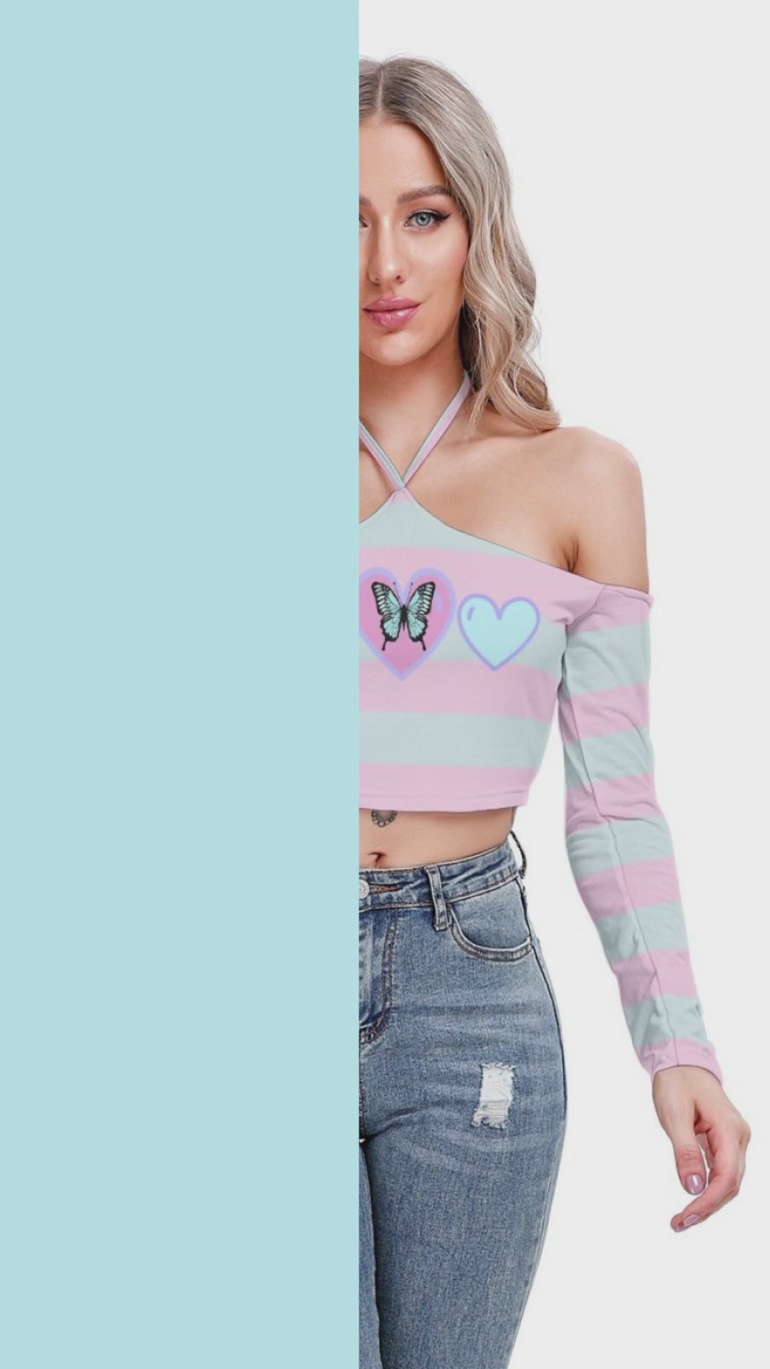 Butterfly Off-Shoulder Crop Top – Halter Neck Long Sleeve Top