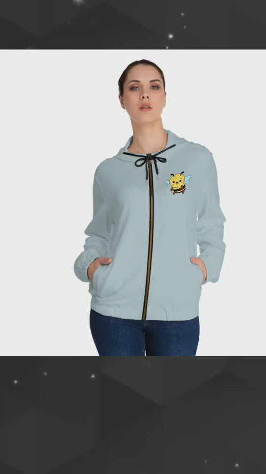 Kawaii Bee Full-Zip Hoodie, Women's Jacket, Cute Animal Sweatshirt, Bee Lover Gift, Zip-Up Hooded Jacket