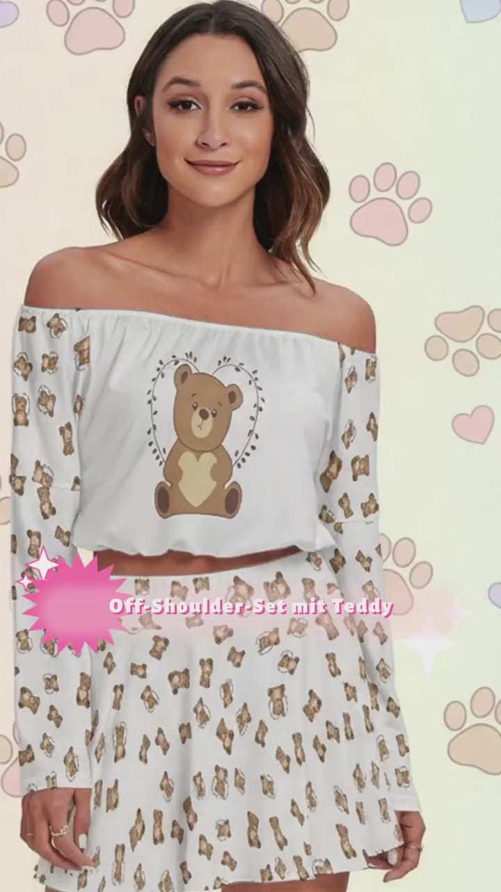 Teddy Bear Off-Shoulder Two-Piece Set – Long Sleeve Crop Top & Mini Skirt