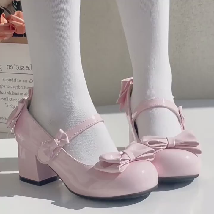 Lolita Style Cute Round Head Mary Jane Pumps With Bow Women's Sweet Party Dress Midi Heels Shoes Fashion PU Sandals