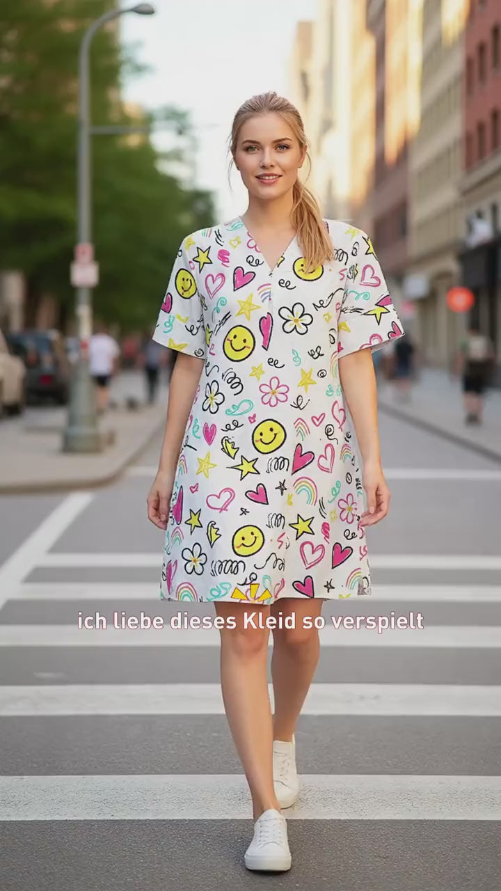 Kawaii Smiley Face Tunic Dress – Cute Cartoon Print V-Neck Mini Dress