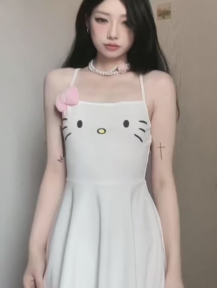 Hello Kitty Dress Sanrio Anime Printed Sleeveless Dress Cartoon Cute Sexy Slim Suspenders Skirt Tourist Beach Clothes Girl Gift