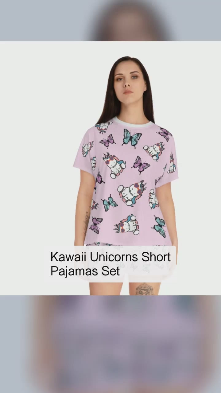 Kawaii Unicorns Short Pajamas Set, Cute Butterflies Pink PJs for Women, Loungewear Sleepwear, Summer PJ Set, Unicorn Lover Gift