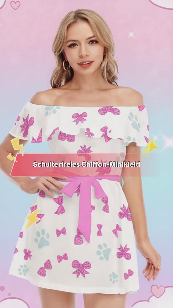 Off Shoulder Chiffon Dress with Bow Print – Lightweight Summer Mini Dress