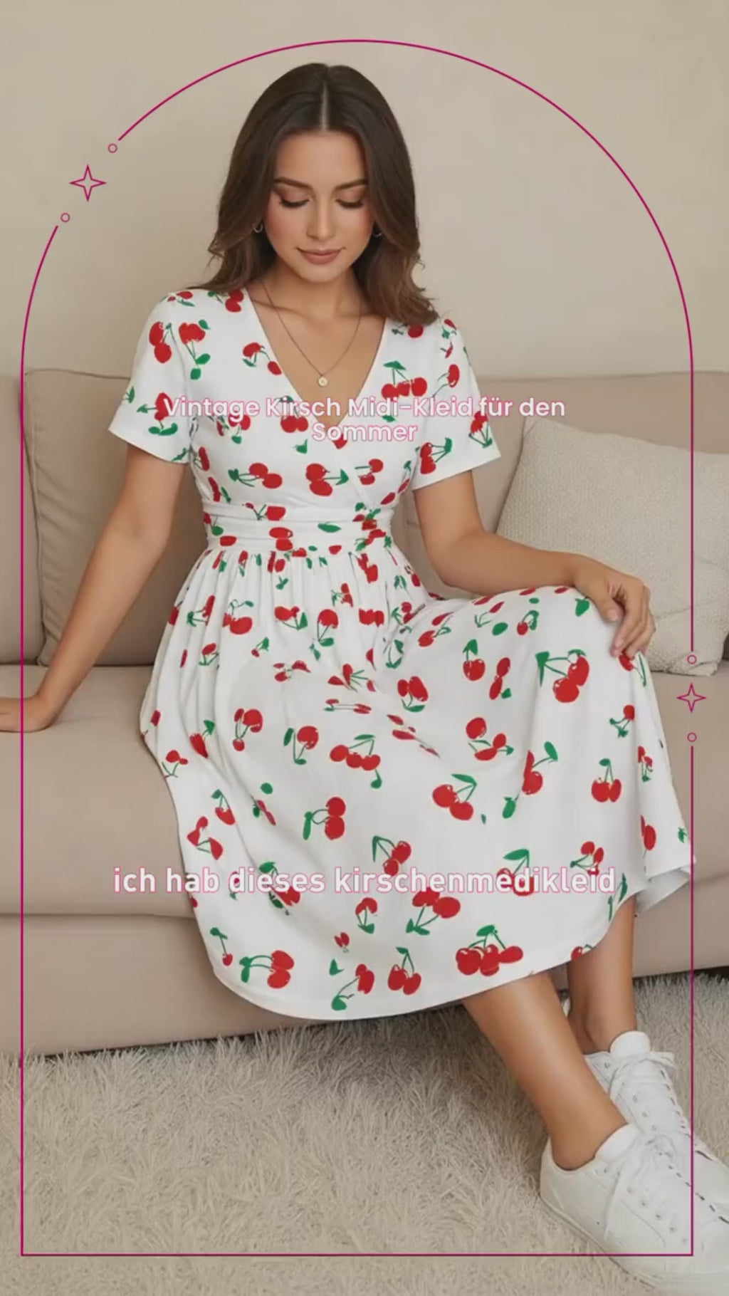Cherry Print Midi Dress – Feminine V-Neck Summer Dress with Vintage Style