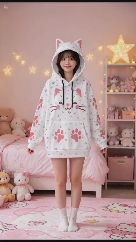 Kawaii Heaven Women's Cute Cat Ear Hoodie with Pink Paw Print