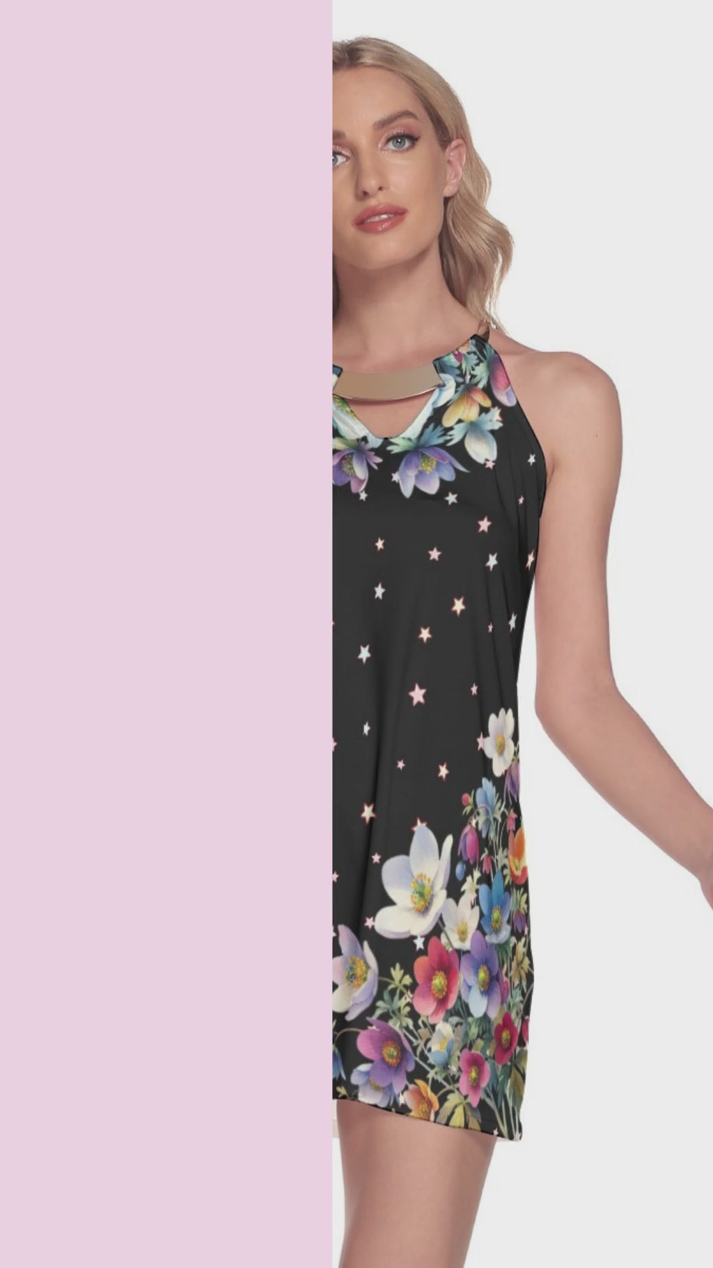 Floral Halter Mini Dress with Metal Ring