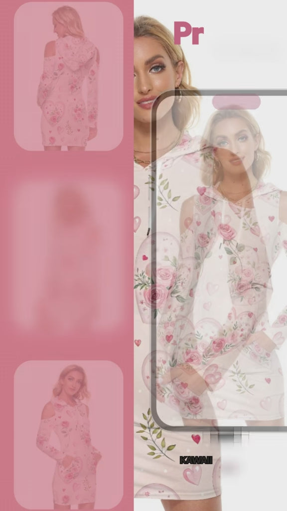 Rose Heart Hoodie Dress – Off Shoulder Floral Tunic with Pocket