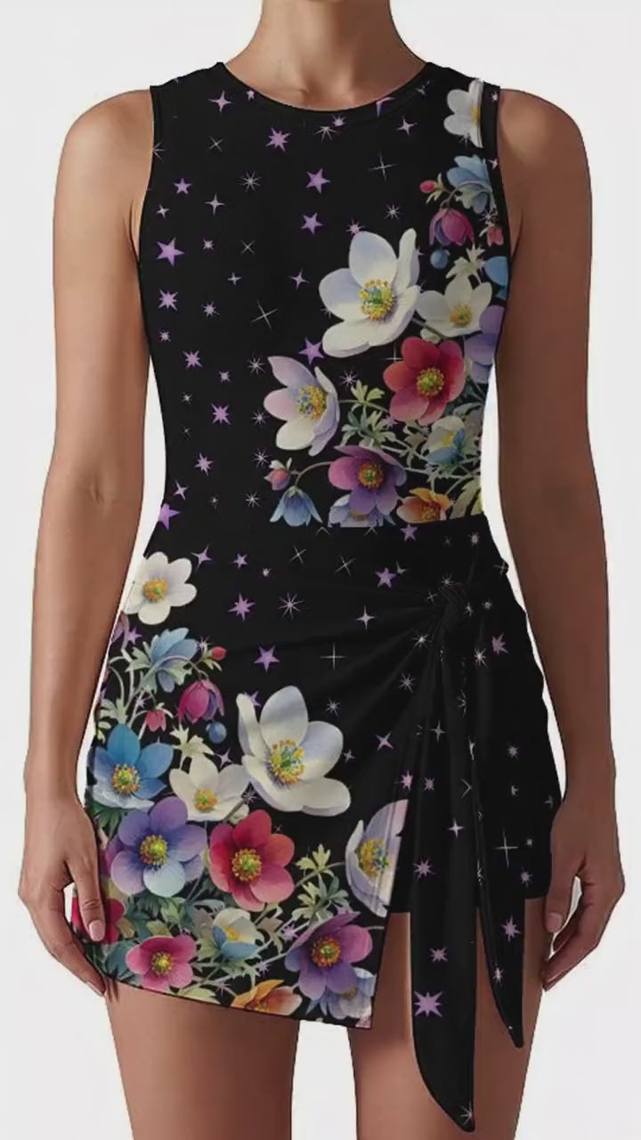 Floral Wrap Mini Dress with Built-In Shorts – Sleeveless Slim Fit Dress