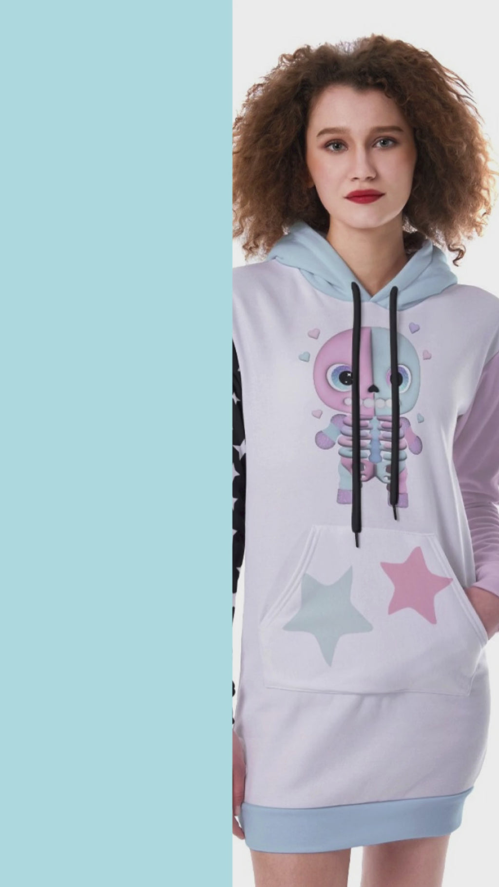 Kawaii Heaven Women's Heavy Fleece Long Hoodie with Pastel Skeleton & Star Print
