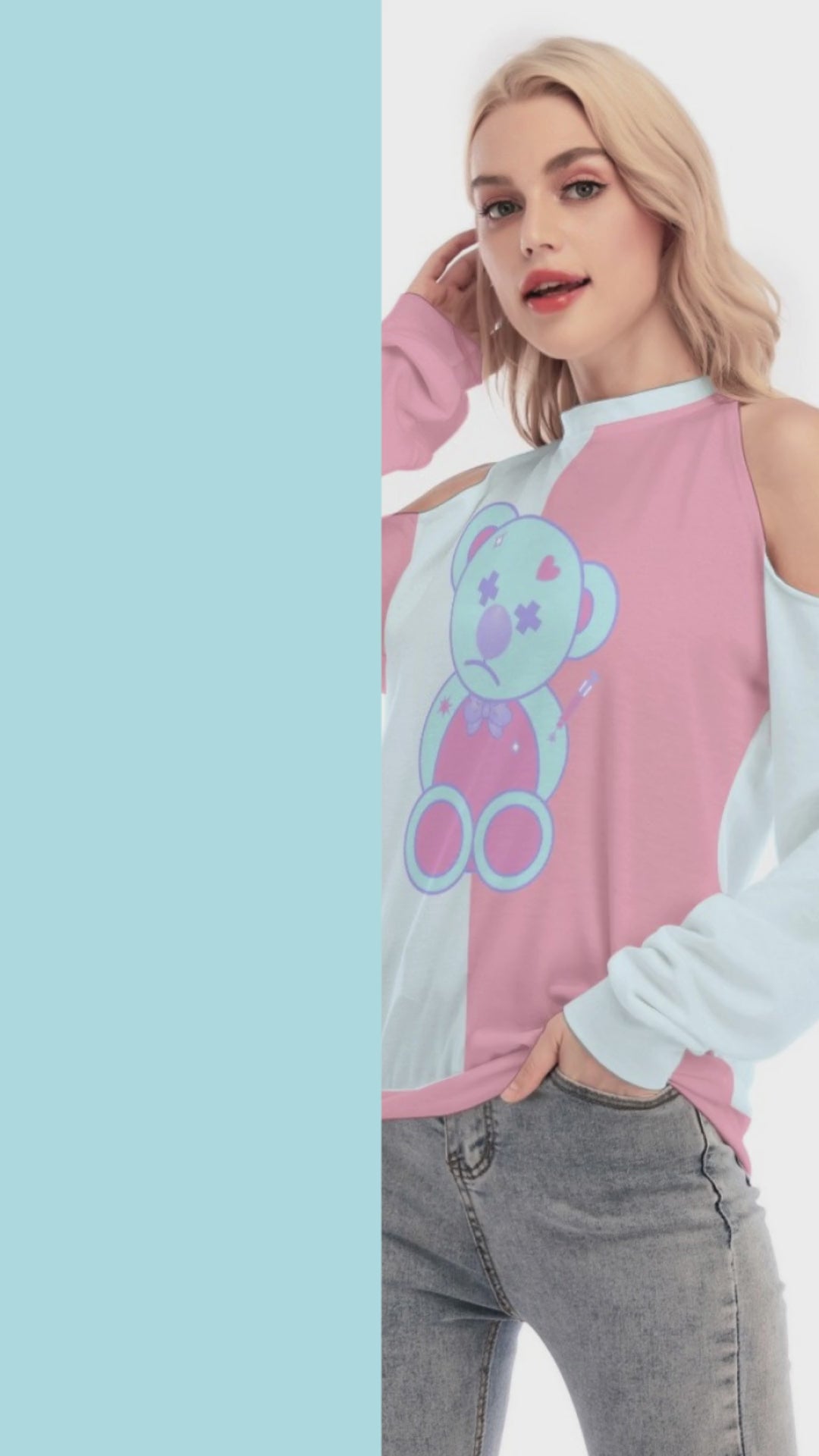 Pastel Teddy Cold Shoulder Sweatshirt – High Neck Cute Top