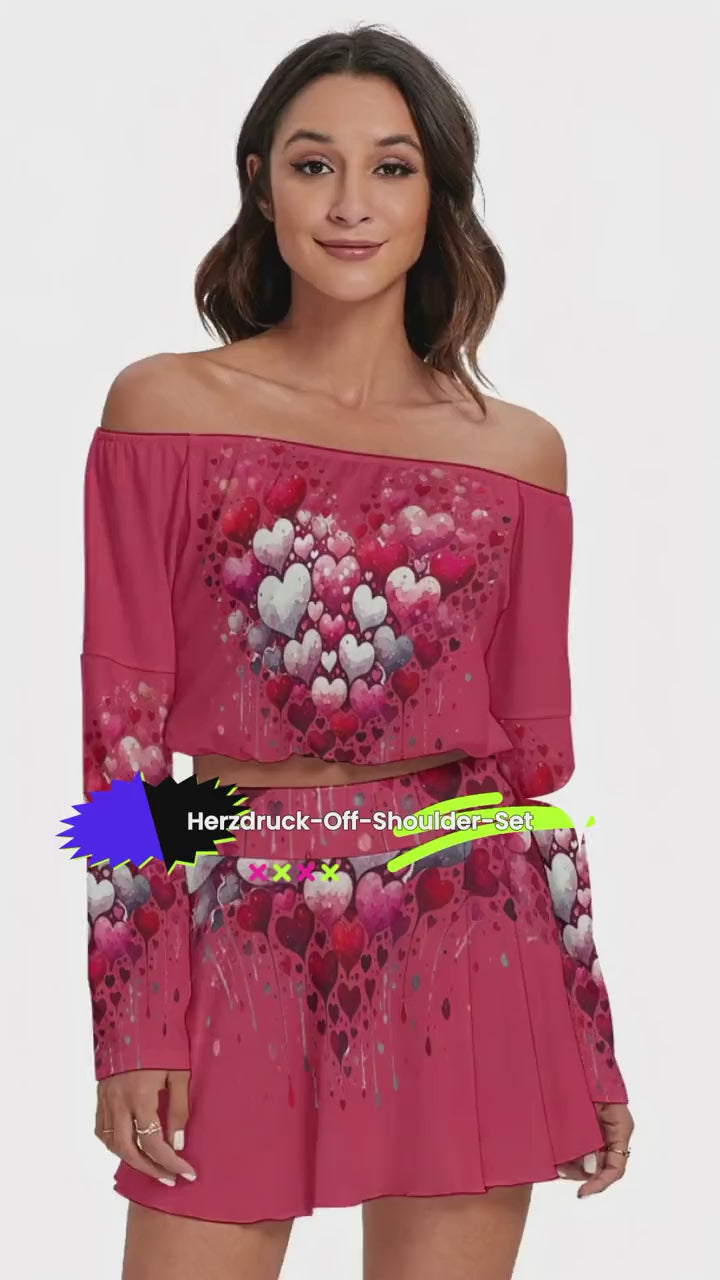 Heart Print Off-Shoulder Two-Piece Set – Long Sleeve Top & Mini Skirt
