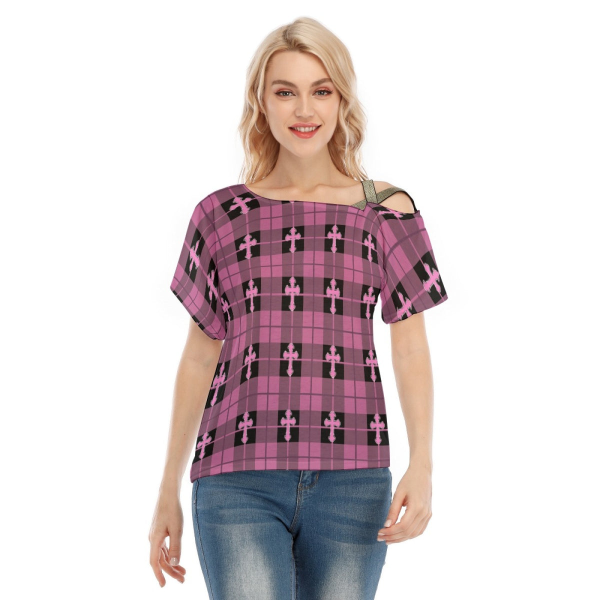 Purple Plaid Cross Cold-Shoulder Top