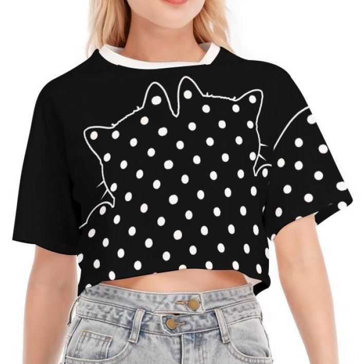 Cotton Black Cat Polka Dot Crop Top