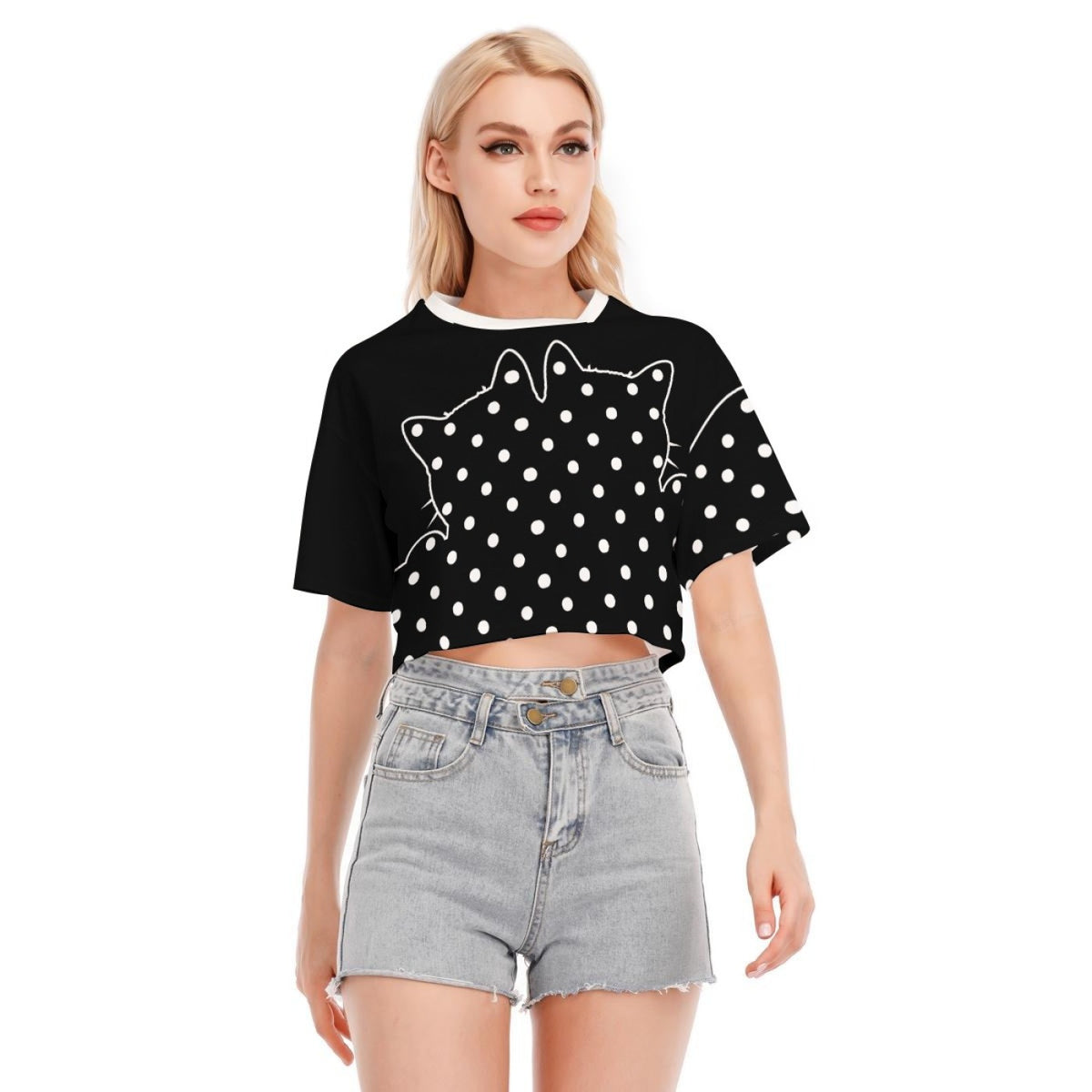 Cotton Black Cat Polka Dot Crop Top