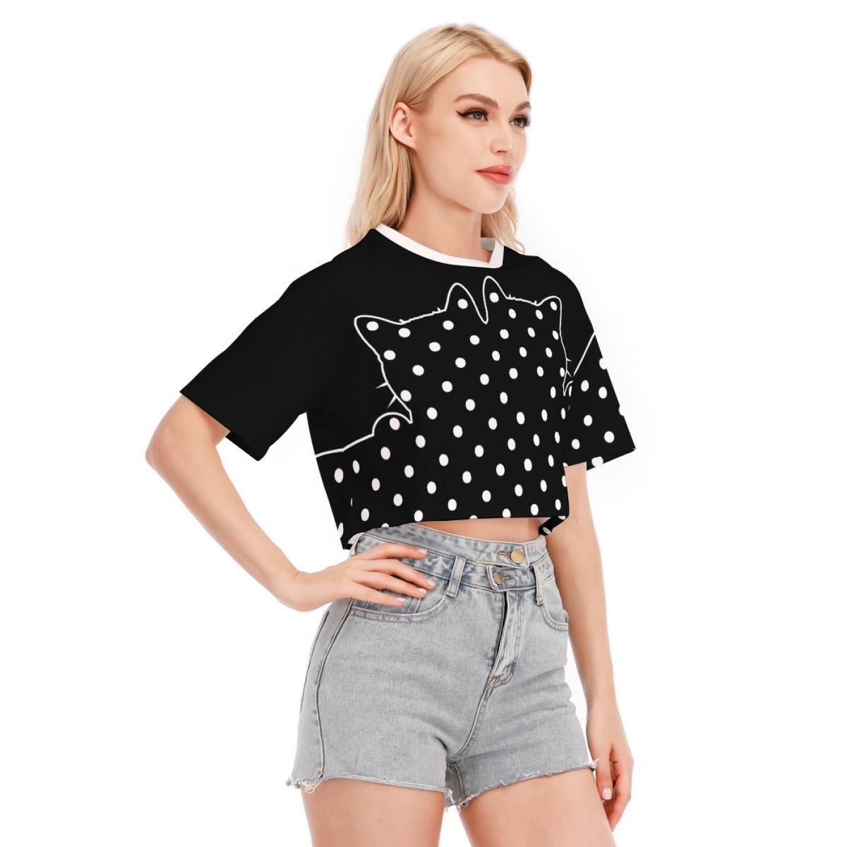 Cotton Black Cat Polka Dot Crop Top