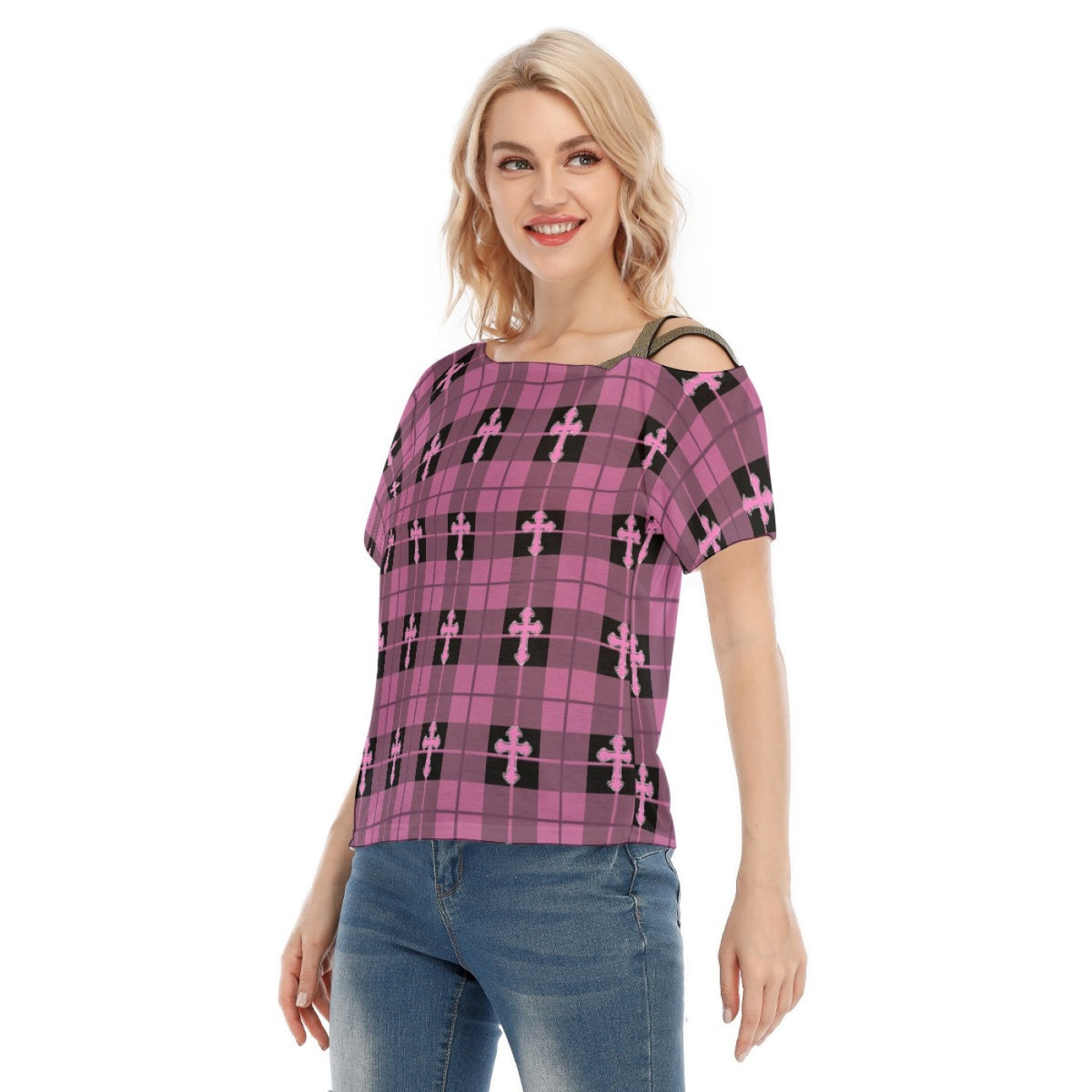 Purple Plaid Cross Cold-Shoulder Top