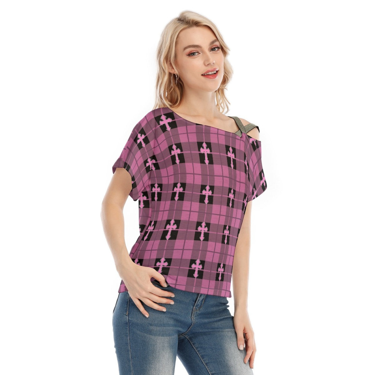 Purple Plaid Cross Cold-Shoulder Top