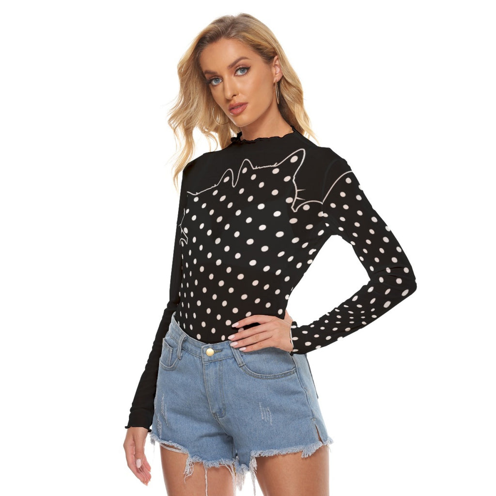 Black Cat Polka Dot Mesh Top