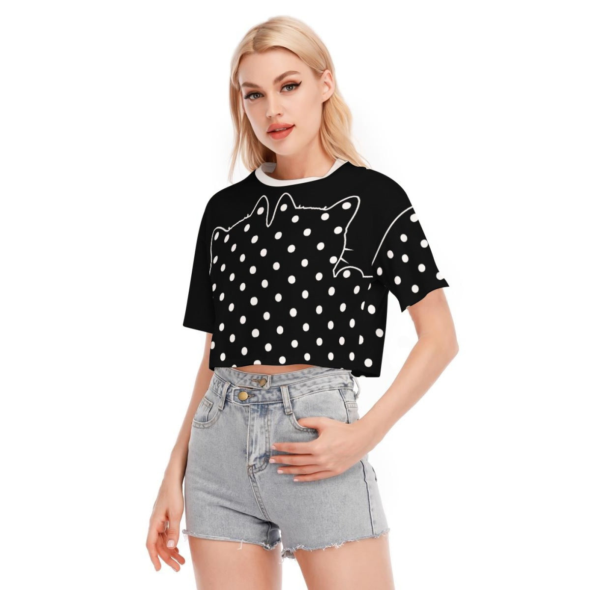 Cotton Black Cat Polka Dot Crop Top