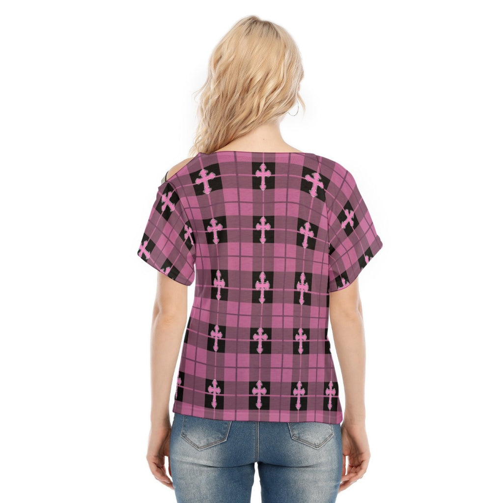 Purple Plaid Cross Cold-Shoulder Top