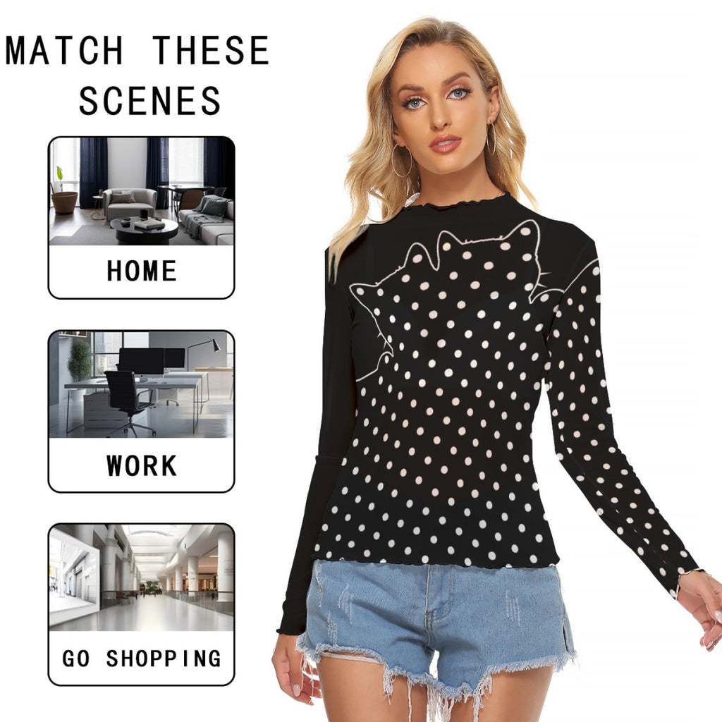 Black Cat Polka Dot Mesh Top